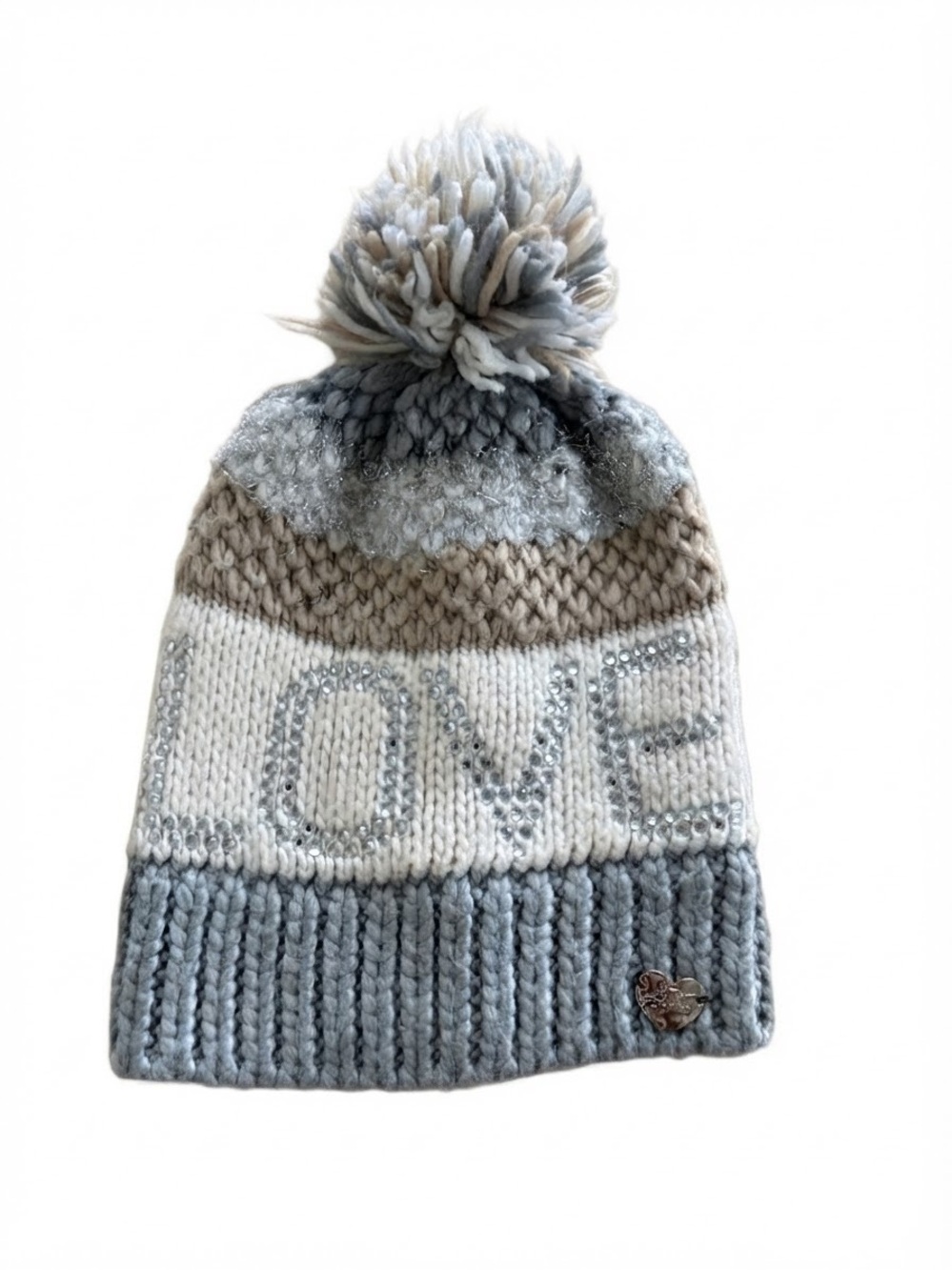 Betsey Johnson Colorblock Rhinestone LOVE Beanie Hat with Pom Pom & Heart Logo